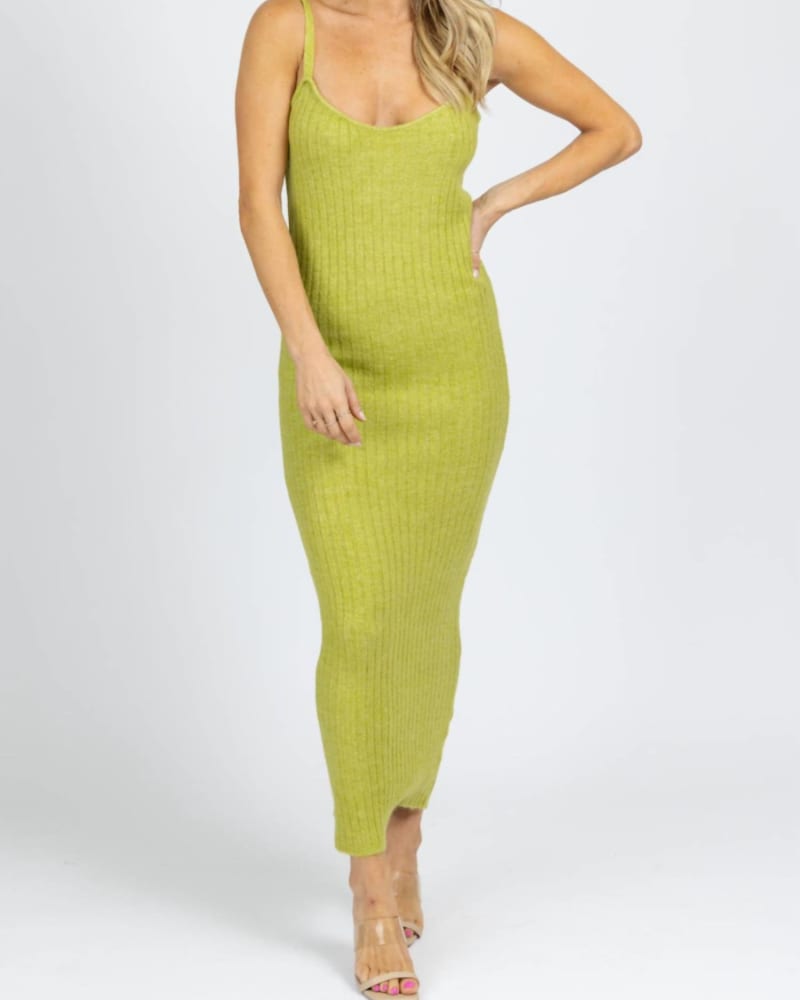Front of a model wearing a size L Bright Ribbed Sweater Midi Dress In Green in Green by Emory Park. | dia_product_style_image_id:350492